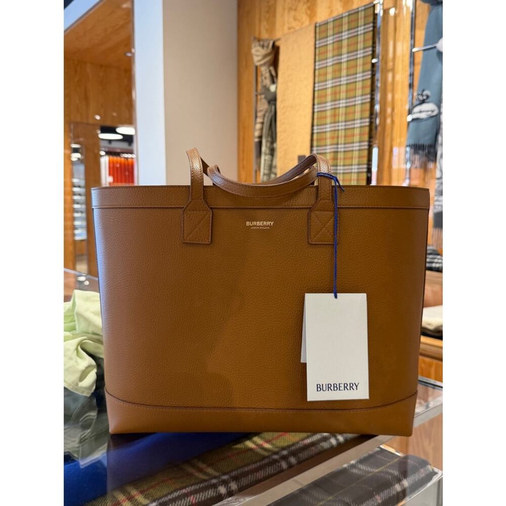 ❌sold-Burberry Brown Pebbled Leather Tote Bag House Check New - Picture 2 of 9